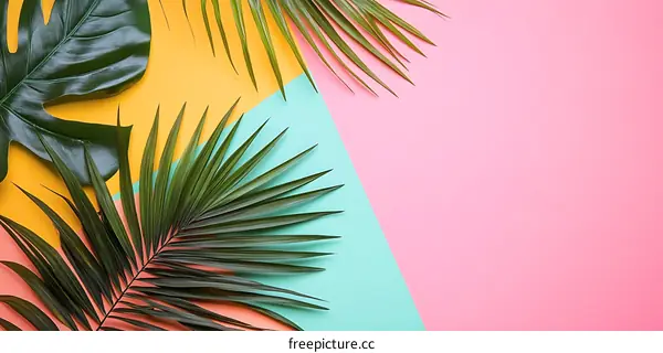 Tropical Palm Leaves on Colorful Background
