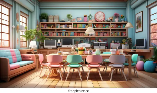 Cozy Library and Homework Workspace with Pastel Colors