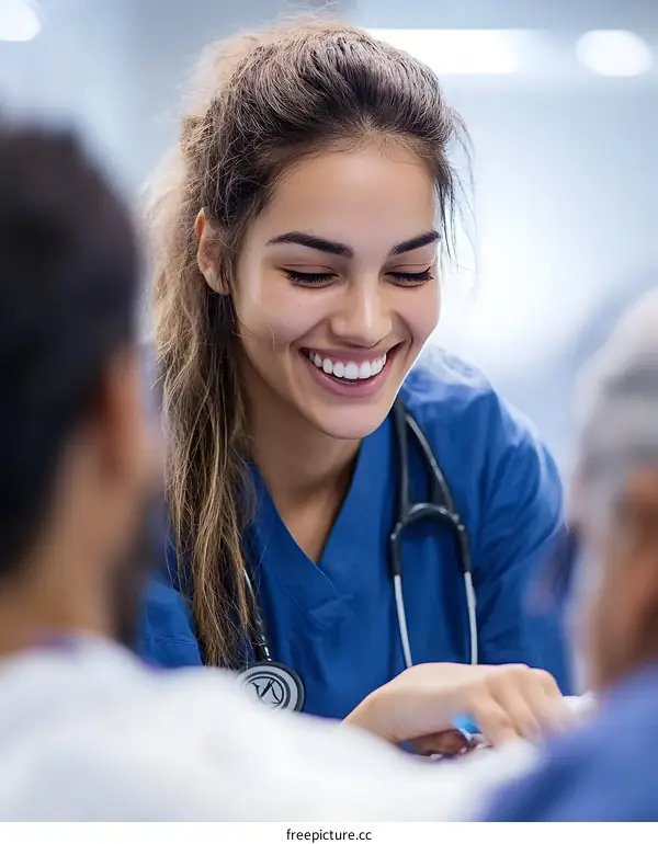 Smiling Female Doctor in Blue Scrubs