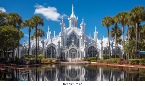 The reflection of a white building in the water