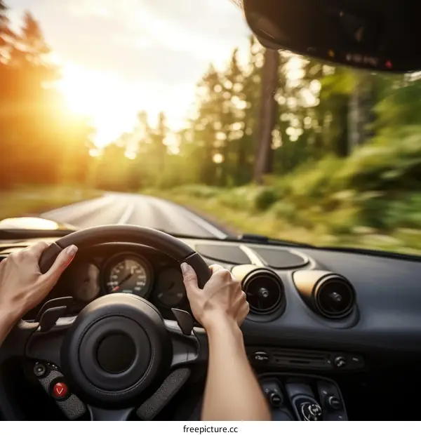 A woman is driving a car on a sunny day