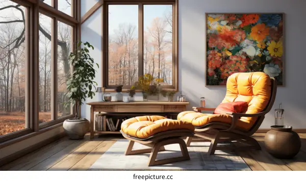 A Comfortable Chair Sits In A Room With A Large Window