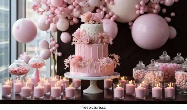 Pink Three-Tier Cake Decorated with Flowers on a Table with Candles and Candy