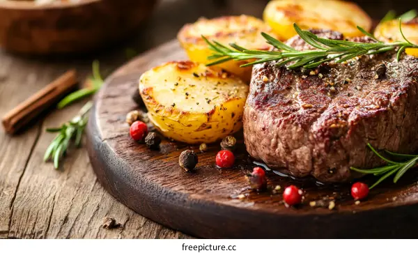 Roasted Beefsteak and Potatoes on Wooden Cutting Board