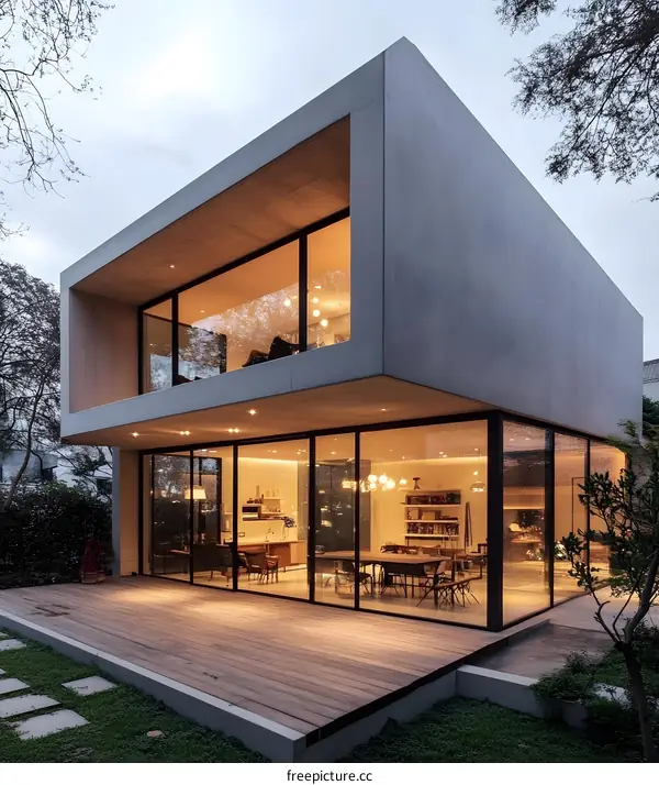 Modern Architecture House with Large Windows and Wooden Deck
