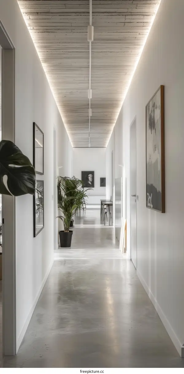 Illuminated Hallway with Artwork