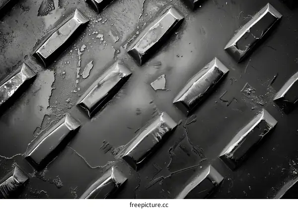 Black and white image of a metal diamond plate with water droplets