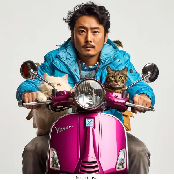 Asian man riding scooter with two cats