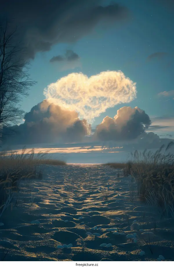 Heart Shaped Cloud Over Winter Landscape