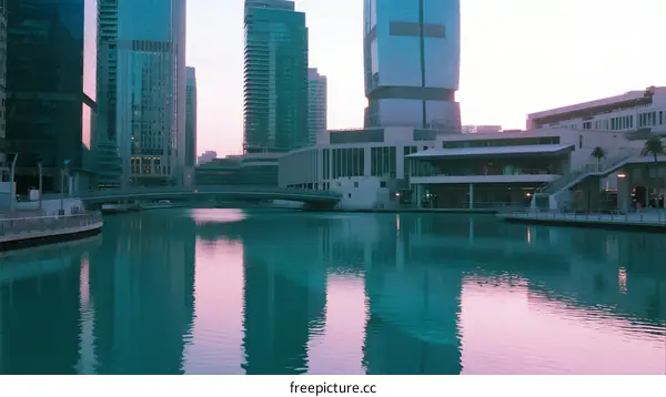 Dusk Reflection of Modern Skyscrapers on Urban Waterway