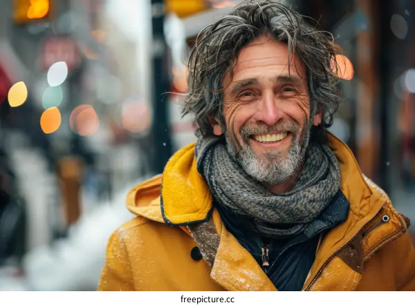 Smiling Elderly Man in Winter City