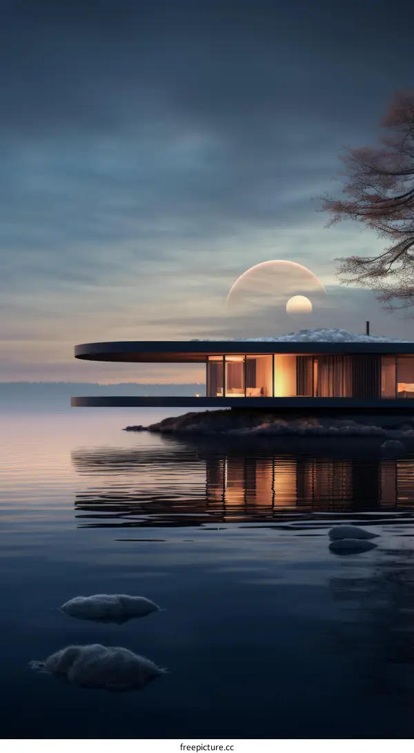 Modern lakeside house with large round window