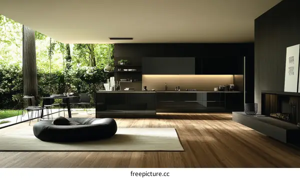 Modern Dark Kitchen Interior Design with Lush Garden View