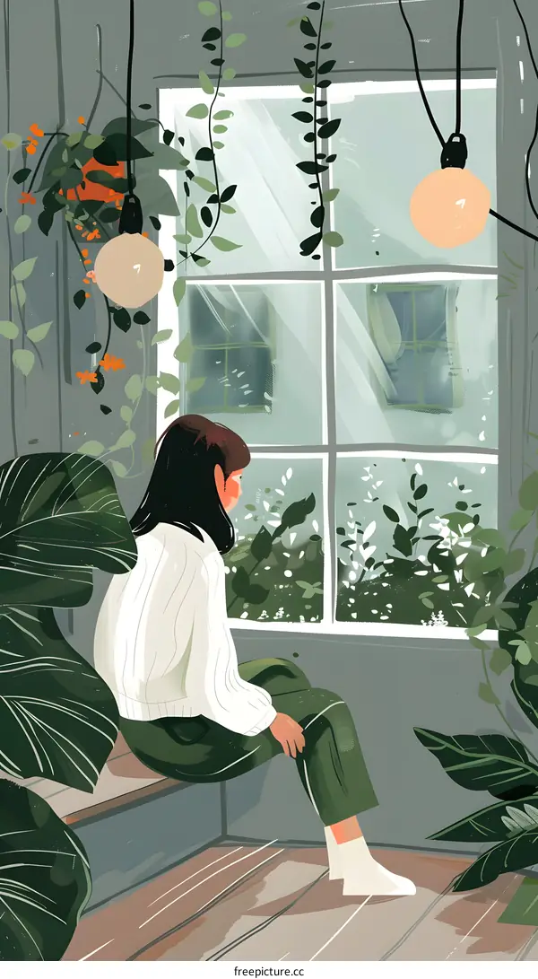 Woman Sitting by Window with Greenery