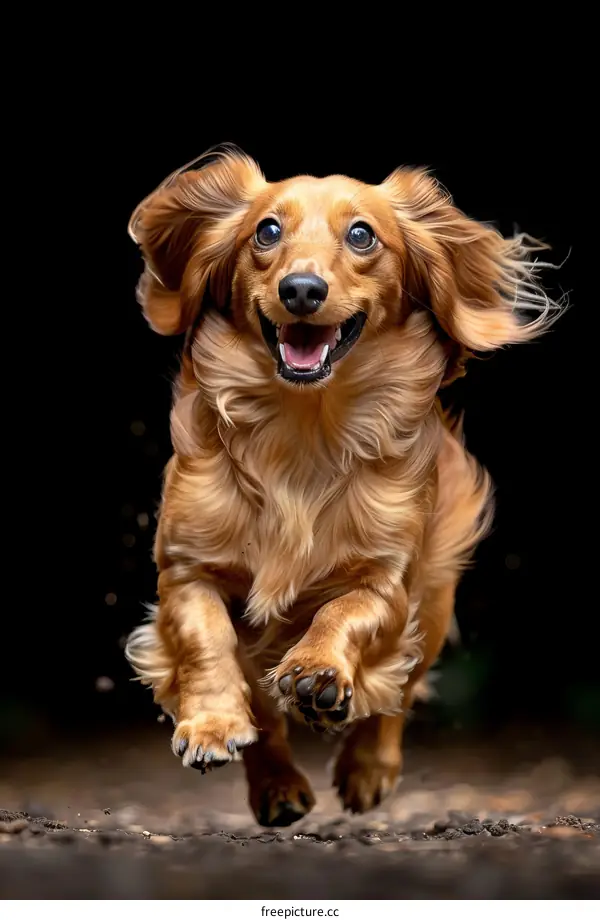 A happy brown long-haired dachshund dog is running with its ears blown back