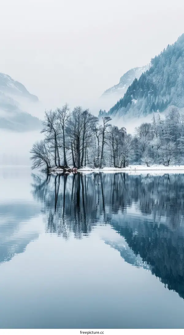 Small island covered with snow in the middle of a lake surrounded by snow-capped mountains