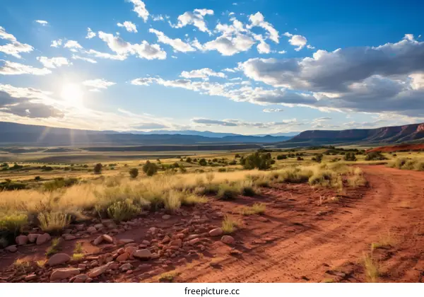 A dirt road winds through a vast prairie landscape under a big blue sky