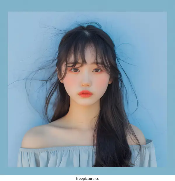 Portrait of a Young Woman with Long Black Hair Against a Blue Background