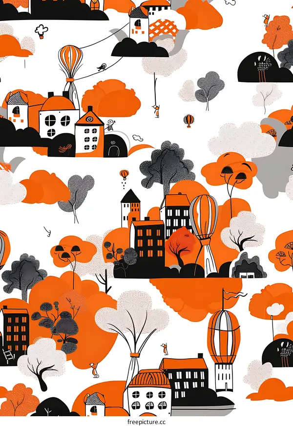 Orange and Black Illustrated Cityscape With Hot Air Balloons