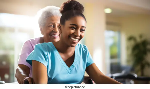 Smiling nurse pushing elderly woman in wheelchair