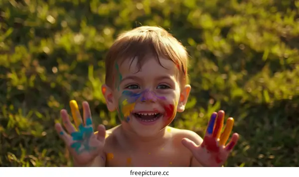 Toddler boy covered in colorful paint smiles with joy