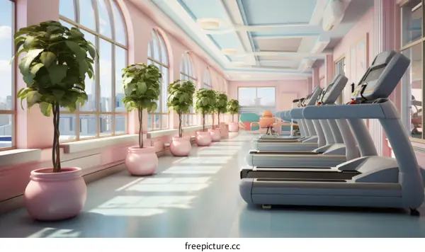 Pink and Blue Pastel Gym With Treadmills and Large Windows