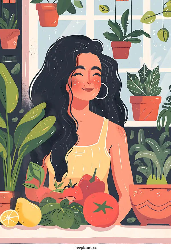 Woman with Plants and Fruits in Illustration