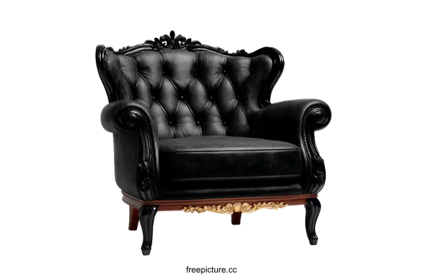 [Transparent Background PNG]Classic Black Leather Armchair with Ornate Carvings