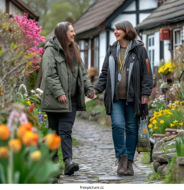 Two women walking down a street in a small village
