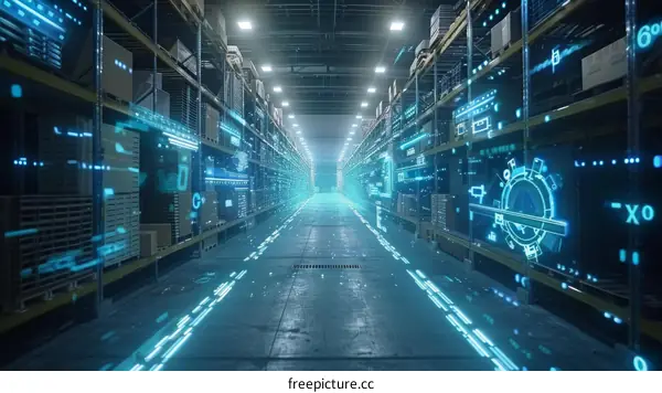 Futuristic Warehouse with High-Tech Digital Interface