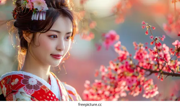 Woman in Traditional Japanese Kimono Among Cherry Blossoms