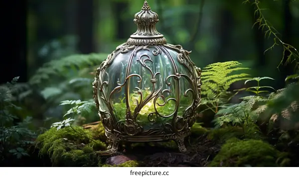 Golden Birdcage in a Mossy Forest