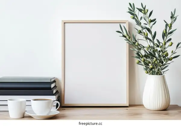 Blank Frame Decorated with Olive Branches and Books