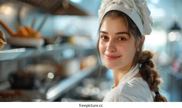 Young Female Chef Smiling in Restaurant Kitchen