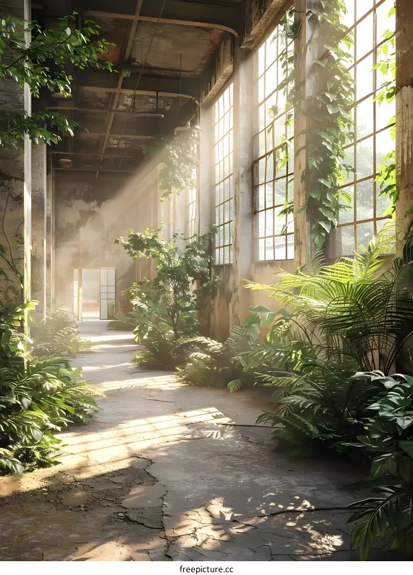 sunlight shines through the broken roof of a greenhouse