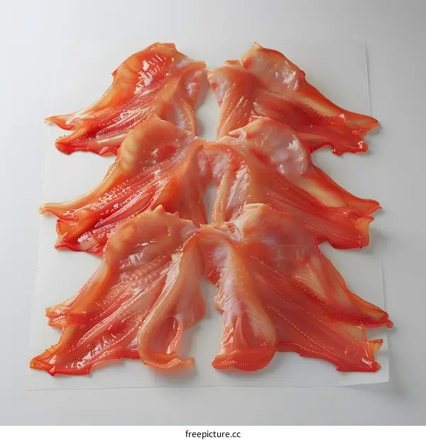 A group of translucent orange objects arranged on a white surface