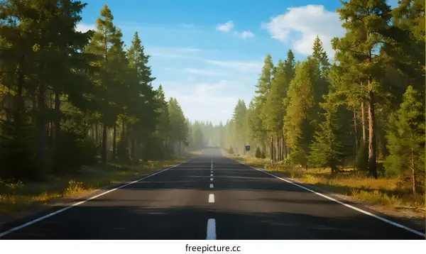 A scenic road surrounded by lush green pine trees under a clear blue sky