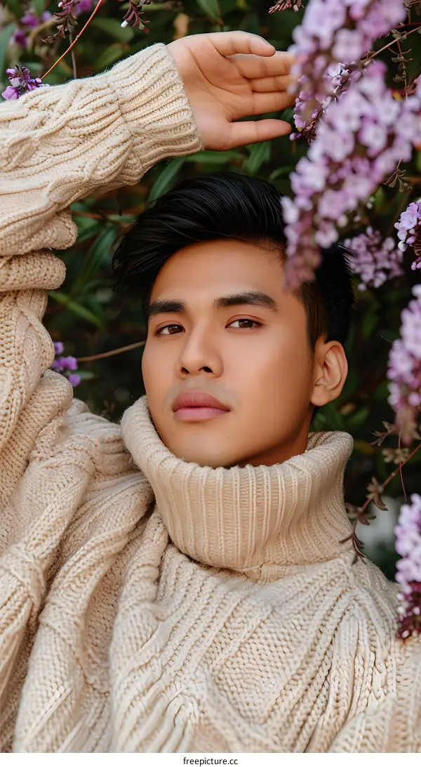Man in Beige Sweater Looking at Camera with Purple Flowers in the Background
