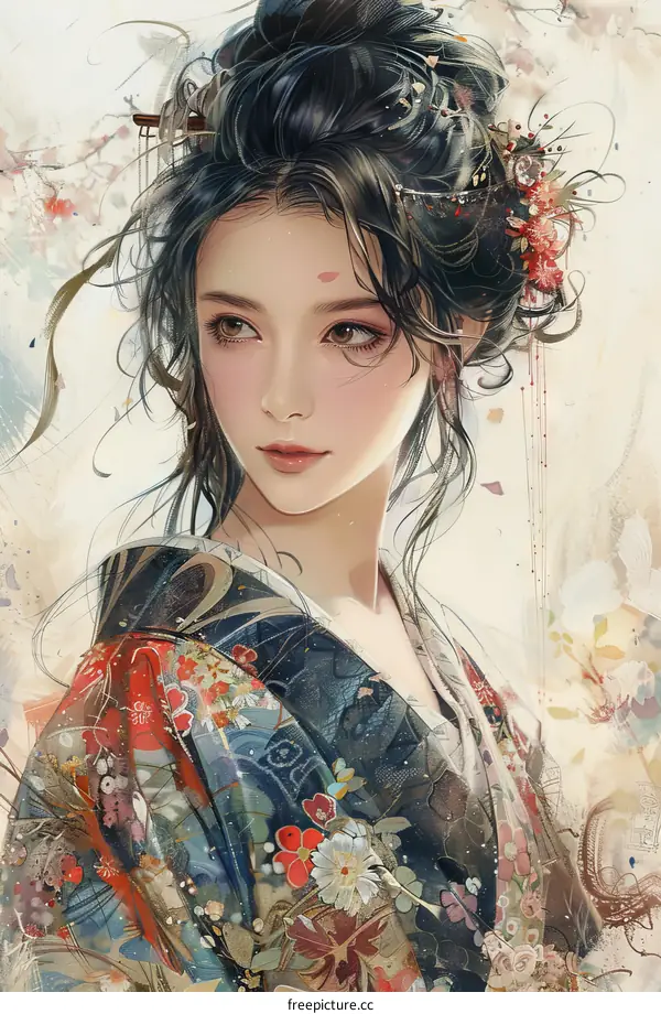 An oriental woman with traditional chinese hair bun and hair accessories, wearing a blue kimono with red and white flower patterns