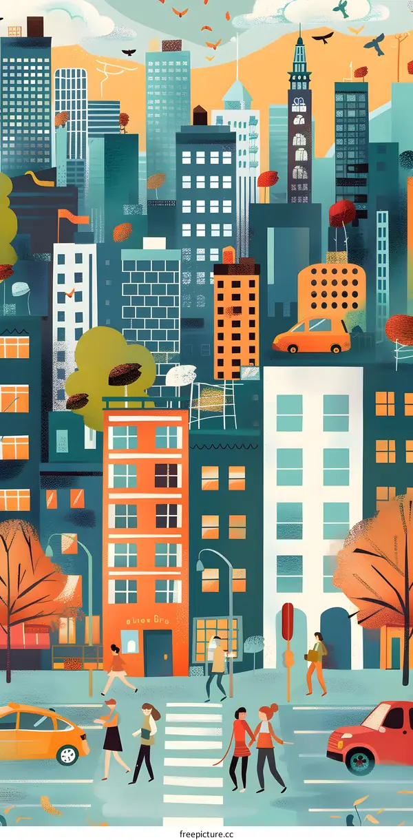 Colorful Cityscape with People Walking on Street