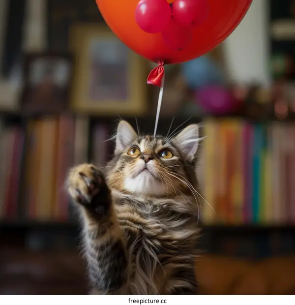 Cat playing with a red balloon