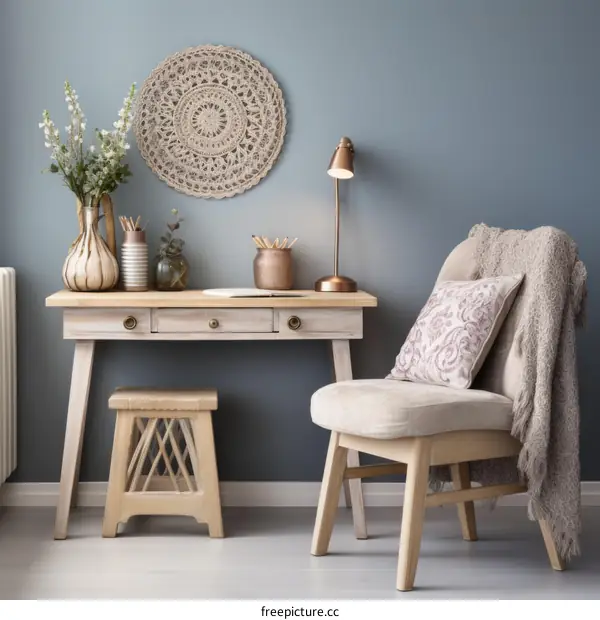 Wooden Desk with Copper Lamp, Flowers, Notebook, and Cushioned Chair