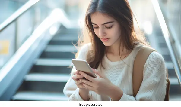 Woman Using Smartphone on Stairs