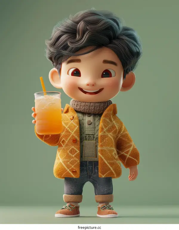 Cute Cartoon Boy Drinking Orange Juice