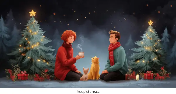 Christmas Night Scene of Couple with Dogs