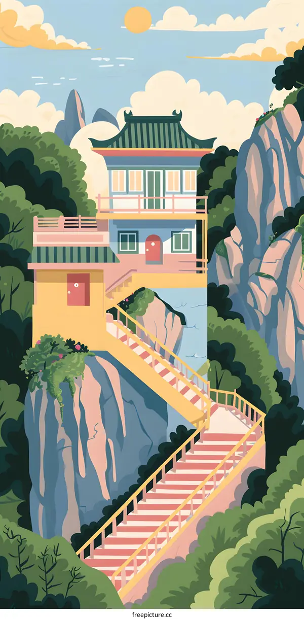 Mountaintop Temple with Stairs and Clouds