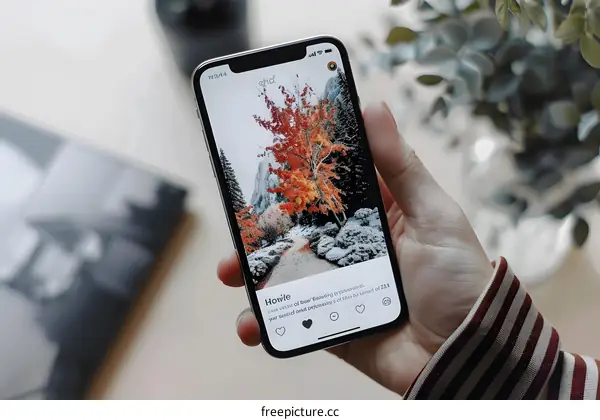 Hand Holding Smartphone Showing Fall Foliage Image