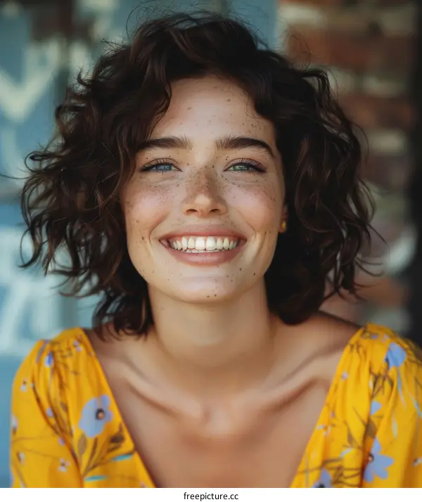 Smiling Woman with Curly Hair in Yellow Dress