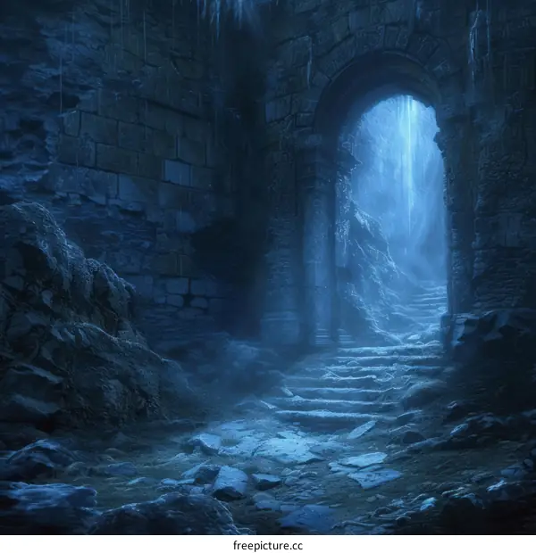 A dark and mysterious stone archway leads to a bright light in the distance