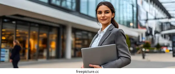 Young Businesswoman Holding Laptop In Front of Modern Office Building